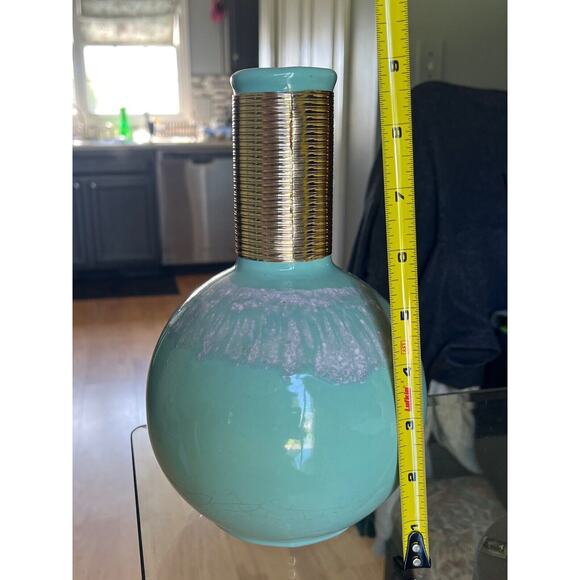 Vintage MCM Seafoam Green Drip Glaze Ceramic Decanter Vase Gold Foil Thread Neck - Picture 2 of 7